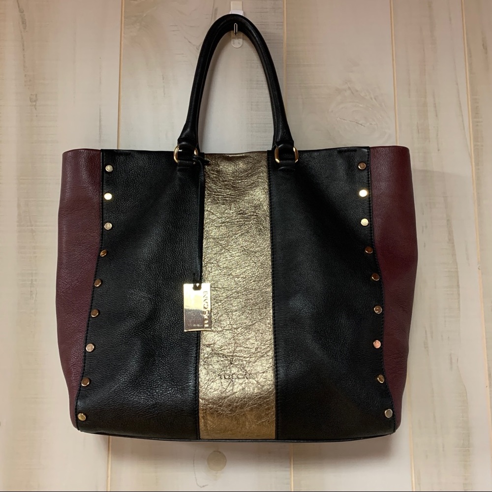 Toscani Black Gold Maroon Leather Colorblock Tote